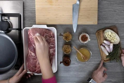 Fresh raw meat on kitchen table Stock Photos