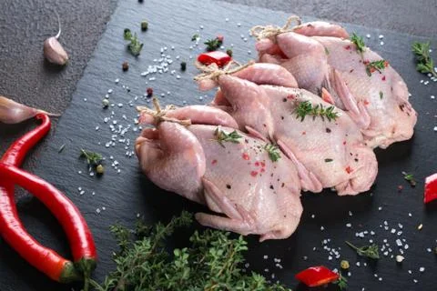 Fresh  raw meat quails ready for cooking on the  slate board Foto stock