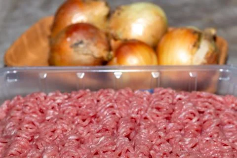 Fresh raw minced meat in plastic container with yellow onions in background 写真素材