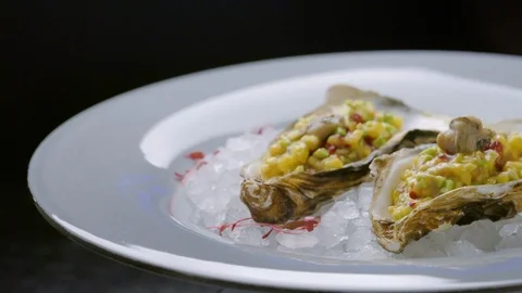 Fresh raw open oysters on ice in restaurant Stock Footage 102711488