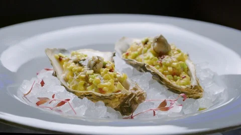 Fresh raw open oysters on ice in restaurant Stock Footage 102711714