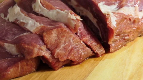 Fresh raw pork meat close-up. Preparing for frying. Pork steak. Rotation Stock Footage 192042810