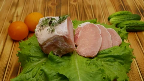 Fresh raw pork meat close-up. Preparing for frying. Pork steak. Rotation. The Stock Footage 201585138