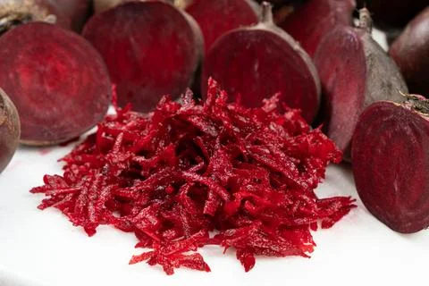 Fresh raw red beetroot grated, beet recipes Stock Photos
