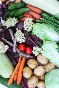 Fresh raw vegetables as a background image. Collage Foto stock