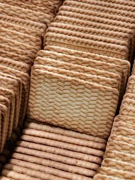 Fresh rectangular cookies stacked in rows inside a box displayed in a super.. Stock Photos