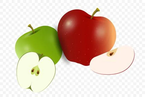 A fresh red apple and a green apple sit together, accompanied by two apple .. Stock Illustration