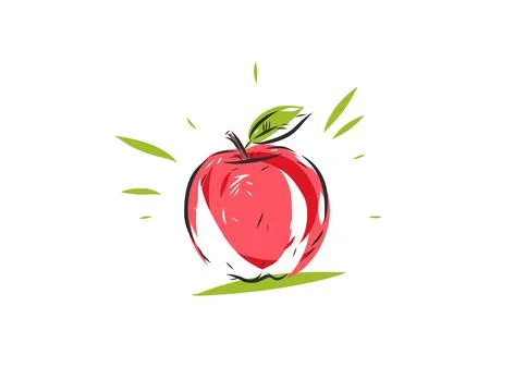 Fresh Red Apple with Green Leaf Hand Drawn Vector Illustration, Healthy Organic 스톡 일러스트