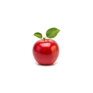 Fresh red apple with water droplets and green leaves on white background Stock Illustration