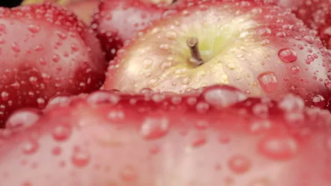 Fresh Red Apples Close-up Macro shot of Fruits and Water drops. Probe lens shot Stock Footage 149147278