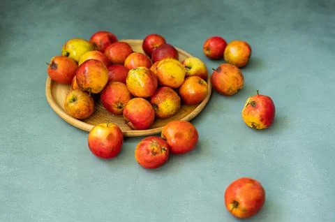 Fresh red apples on a gray background. Fruit. View from above. Free space for Stock Photos