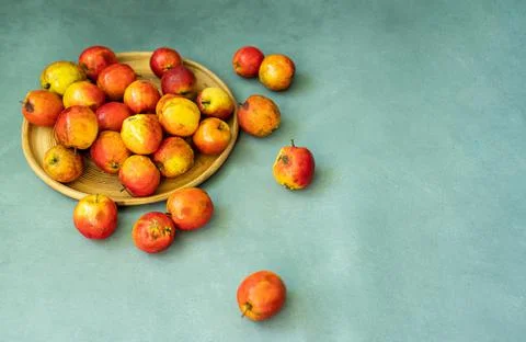 Fresh red apples on a gray background. Fruit. View from above. Free space for Stock Photos