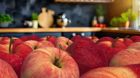 Fresh Red Apples on the Kitchen Table Видео 346737464