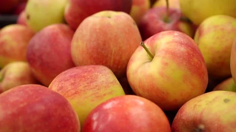 Fresh red apples on the store shelf. Close-up. Stock Footage 232223282