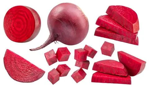 Fresh red beetroot vegetables sliced and diced on white Stock Photos