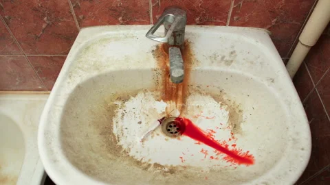 Fresh red blood splat on white porcelain with specks from impact. Horror themed Stock Footage 141983089