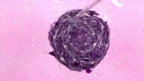 Fresh red cabbage cross section splash in water on pink background slow motio Stock Footage 327573082