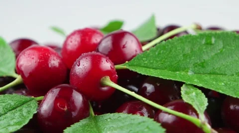Fresh red cherry and green leaves backgound rotates Stock Footage 52252728