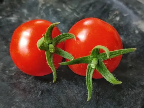 Fresh Red Cherry Tomatoes Close-Up With Green Calyx On Dark Surface Stock Photos