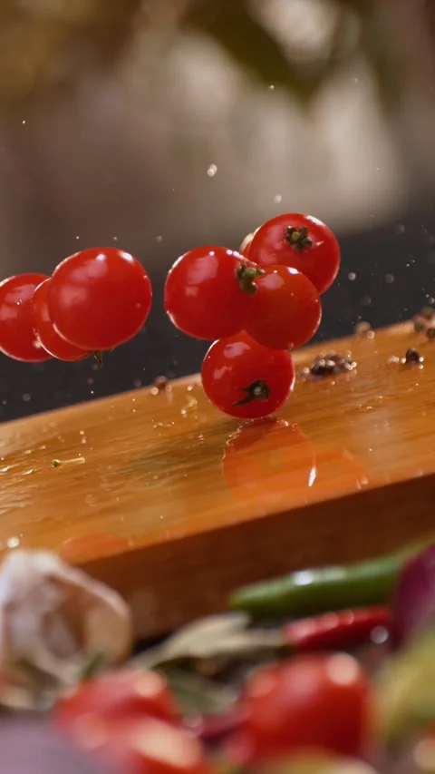 Fresh red cherry tomatoes falling and bouncing on a wooden cutting board in.. Видео 337443527