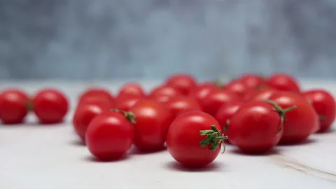 Fresh Red Cherry Tomatoes On A Marble Background. Panning Dolly Slider Shot. Clo Vídeos de archivo 150900883