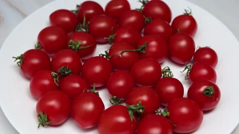 Fresh Red Cherry Tomatoes On A White Plate. Dolly In. Slider Shot. Close Up. Stock Footage 150821363