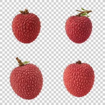 Fresh red lychee fruit with green leaves on transparent background isolated.. Photos