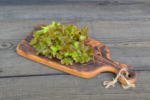 Fresh red oakleaf lettuce on a rustic cutting board. Healthy vegetarian food. Stock Photos