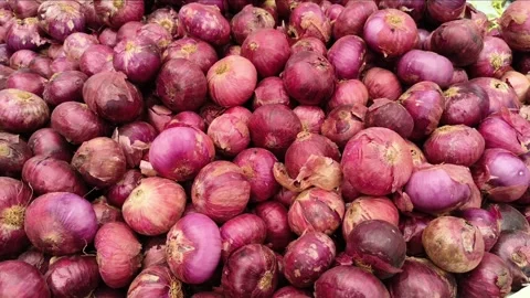 Fresh Red Onions Displayed at Local Vegetable Market for Healthy Cooking and Stock Footage 337874498