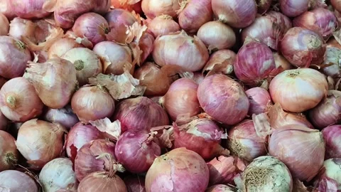 Fresh Red Onions Piled at Local Vegetable Market Display, Healthy Organic Pr Stock Footage 338356000