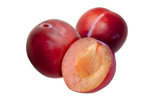 Fresh red plums, in a cut, on white background. Foto stock