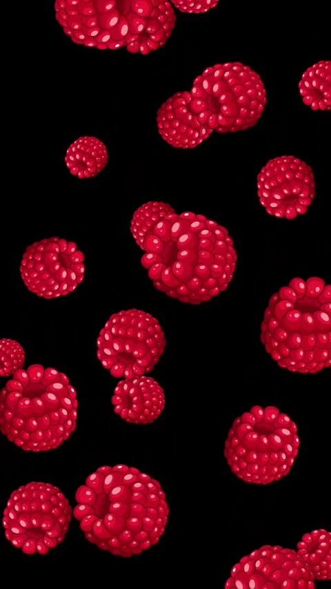 Fresh Red Raspberries Falling Against a Solid Black Background Stock Footage 345120868