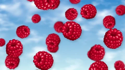 Fresh Red Raspberries Falling Through a Bright Blue Sky with Clouds Stock Footage 344843513