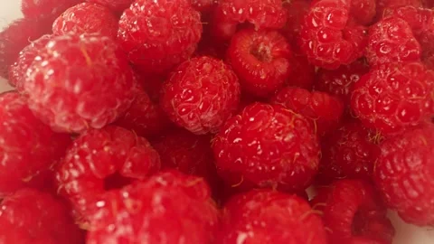 Fresh red raspberries filling frame on white background Stock Footage 304868596