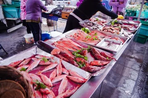Fresh red snapper fish, spiny lobster and many more at the fish market Marsaxlok Stock Photos