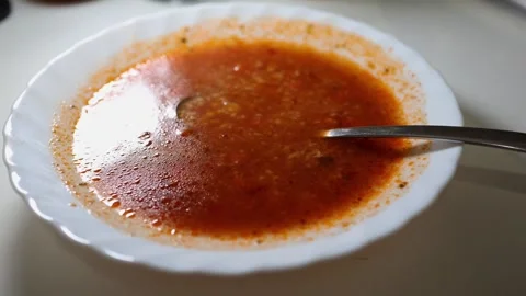 Fresh red soup on the table Stock Footage 300502123