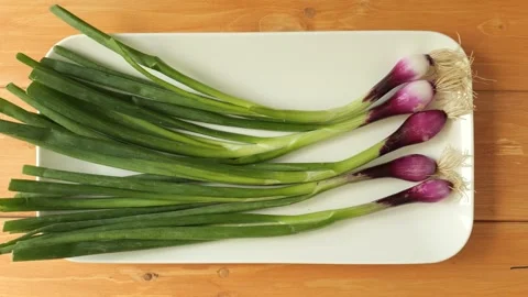 Fresh red spring onion bunch on a plate Stock Footage 337885754