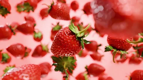 Fresh red strawberries falling and floating in the air Stock Footage 329562273
