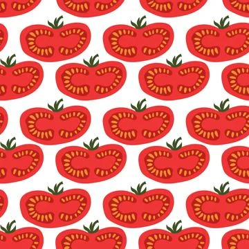 Fresh Red Tomato Slice Seamless Pattern Healthy Vegetable Background Stock Illustration