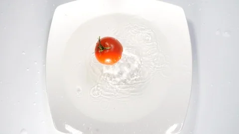 A fresh red tomatoe dropped onto a white ceramic plate of water  Stock Footage 88508064