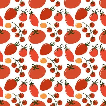 Fresh Red Tomatoes and Cherry Tomato Branches Seamless Pattern Background Stock Illustration