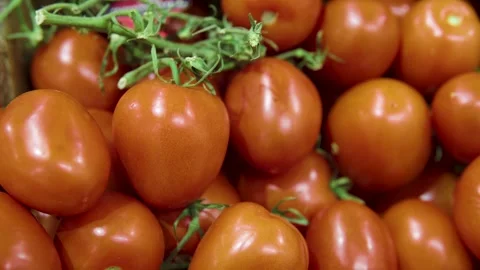Fresh Red Tomatoes in a Crate at a Busy Market Produce Aisle For Shoppers Stock Footage 325645367