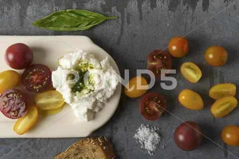 Fresh Ricotta With Pesto, Cherry Tomatoes, Sea Salt And Whole Grain Bread; From