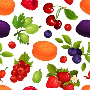 Fresh ripe berries seamless pattern. Cherry, blackberry, strawberry, goodberry Stock Illustration