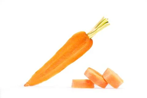 Fresh ripe carrot with stack of slices isolated on white Stock Photos