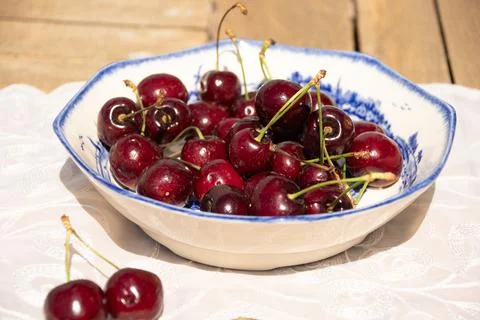 Fresh Ripe Cherries in Sunlight on a Rustic Cottage Garden Table Stock Photos