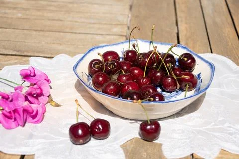 Fresh Ripe Cherries in Sunlight on a Rustic Cottage Garden Table Stock-Fotos