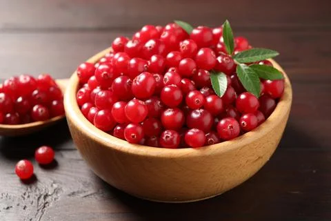 Fresh ripe cranberry on wooden table, closeup Stock Photos
