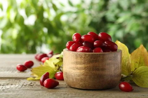 Fresh ripe dogwood berries with green leaves on wooden table Stock Photos