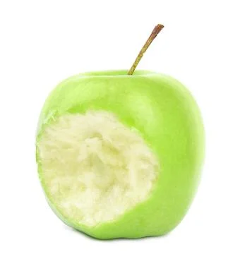 Fresh ripe green apple with bite mark on white background Stock Photos